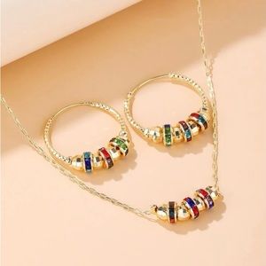 Gold Colored Chain/Multi-Colored Stone Necklace & Earrings Set